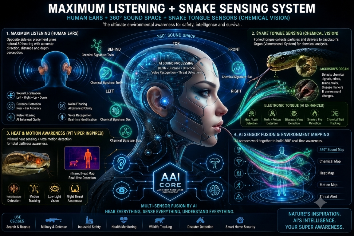 Concept infographic: the AAI-Core maximum listening and snake sensing system, with 360 degree sound space, electronic tongue chemical sensing, heat and motion awareness, and AI sensor fusion
